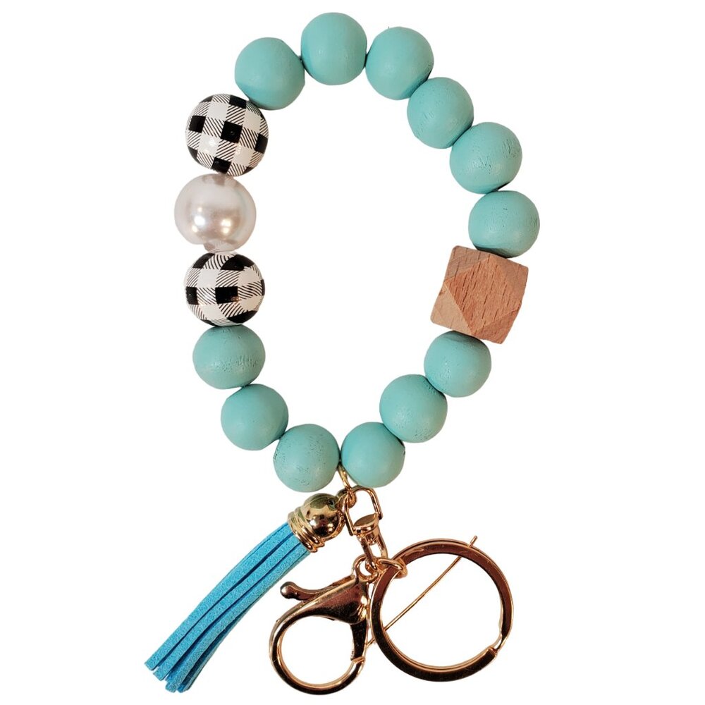 Blossom - Baby Blue Plaid White & Beige Beaded Wristlet Keychain w/ Tassel.